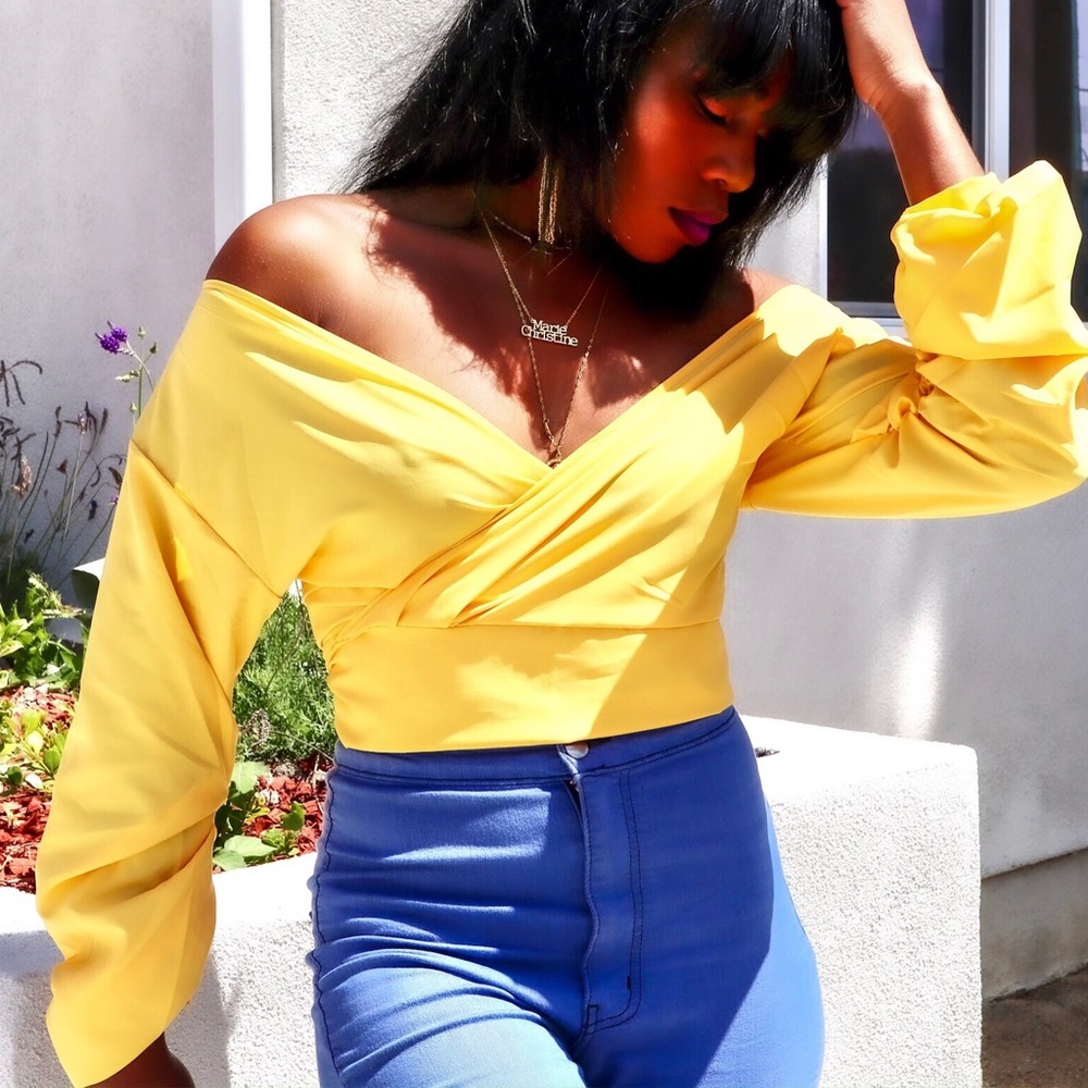 Yellow puff sleeve off the shoulder wrap shirt